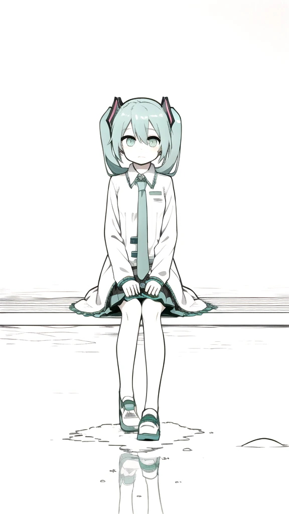 best quality, chibi, 1 girl,  miku, Hatsune Miku, (full body), Pure white background,Vivid,clearly,sad face,rain,Walking,snow,Sitting