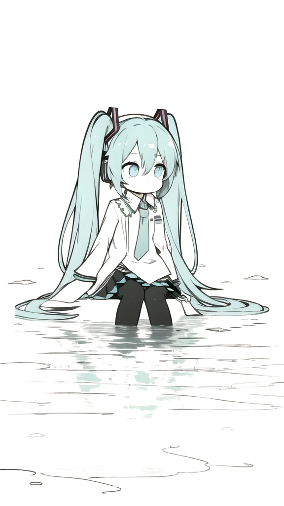 best quality, chibi, 1 girl, miku, Hatsune Miku, (full body), Pure white background,Vivid,clearly,sad face,rain,Walking,snow,Sitting