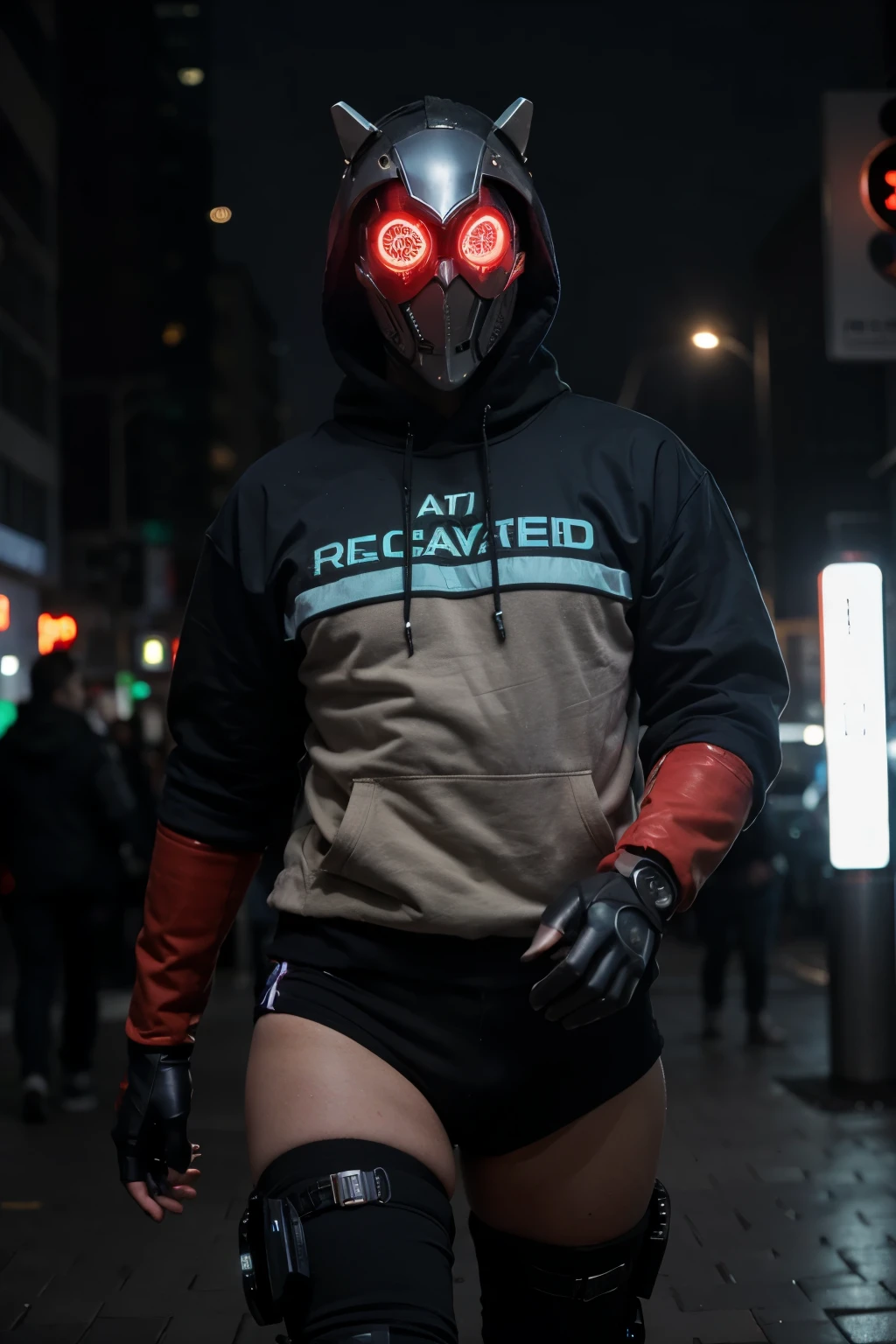 android robot high quality and detail, flashing red and blue lights, attacking a cyberpunk guy masked with led lights, covered in hoodies cheio de led