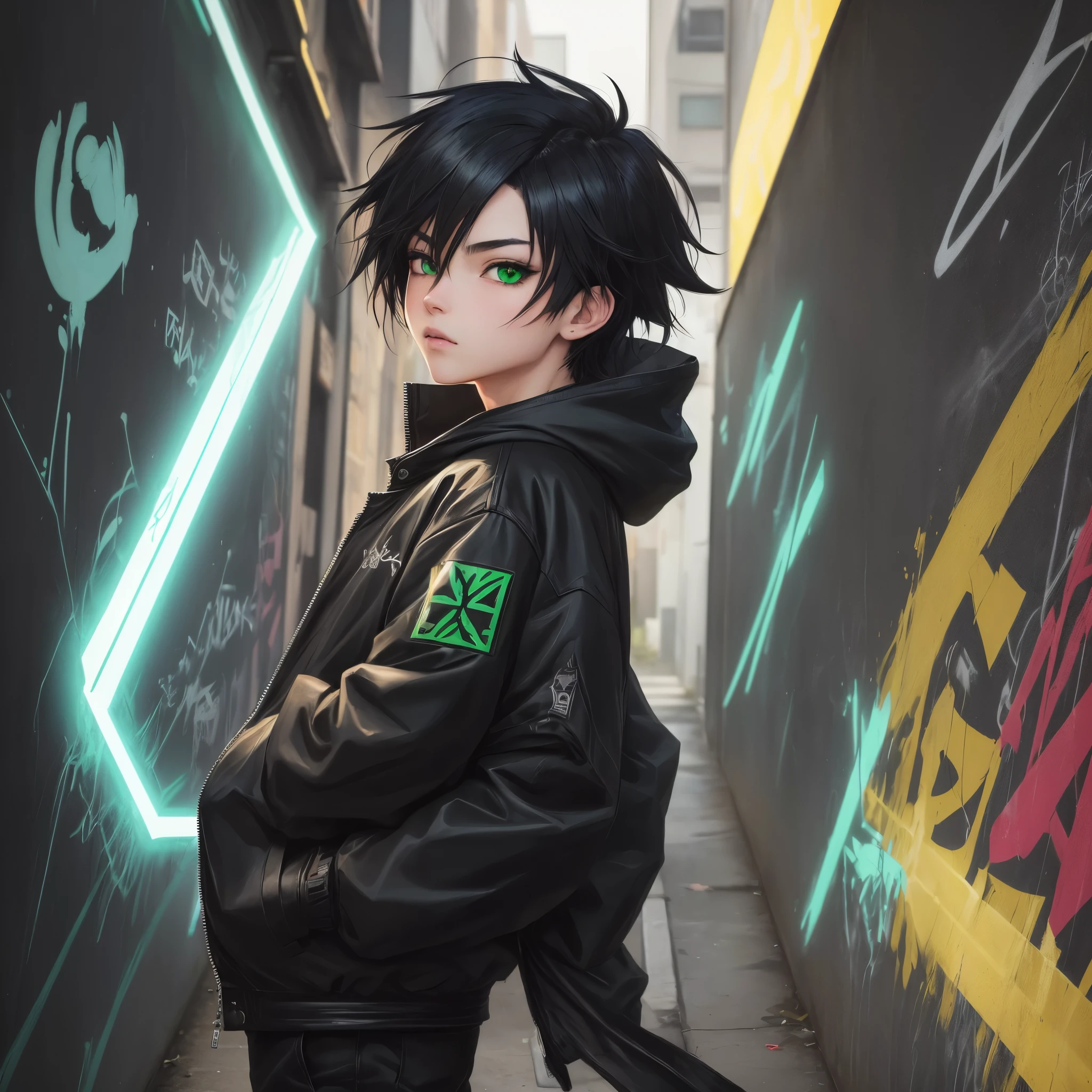 anime boy with green eyes and black jacket standing in front of graffiti, badass anime 8 k, anime style 4 k, anime art wallpaper 4k, anime art wallpaper 4 k, anime wallpaper 4 k, anime wallpaper 4k, anime art wallpaper 8 k, 4k anime wallpaper, epic anime style, high quality anime artstyle, trigger anime artstyle, girl next to him