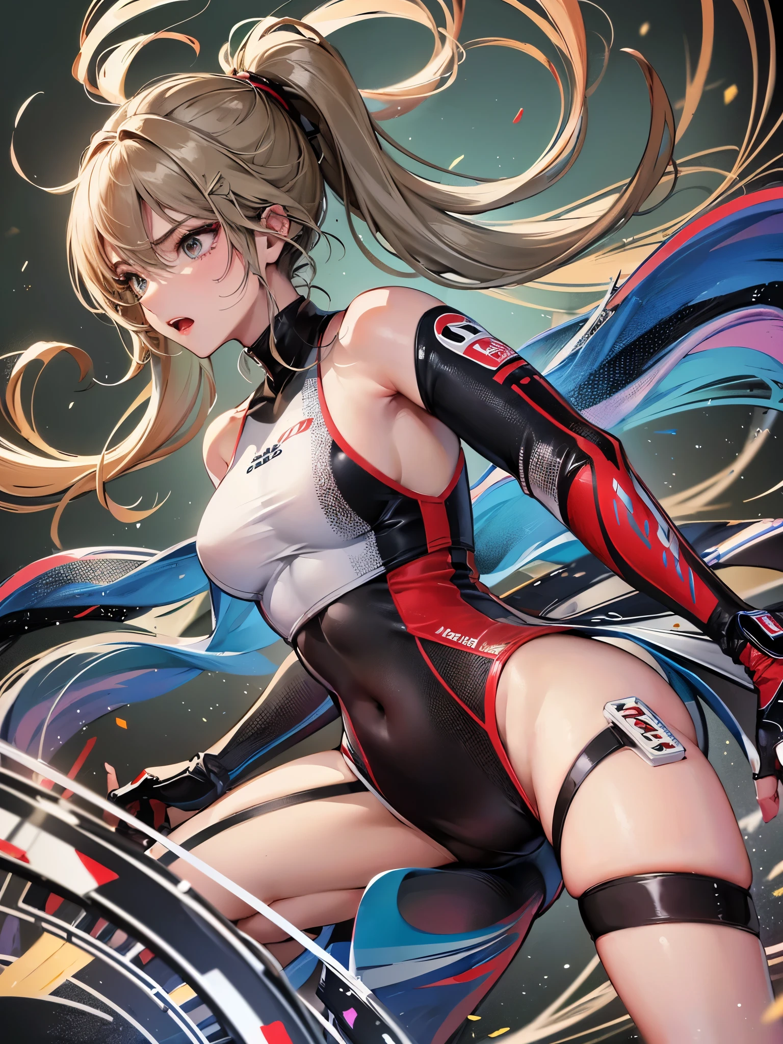 ((highest quality)),(Ultra-high resolution),(Very detailed),(Detailed Description),((The best CG)),(A masterpiece),Ultra-detailed art,Amazing drawing art,(Art with exquisite detail:1.5), (Female athlete in intense motion:1.6),(Training wear:1.3),