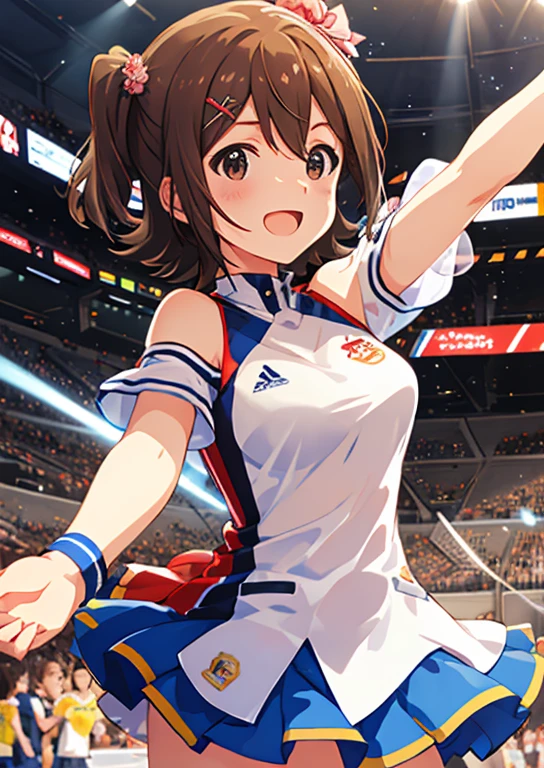 Mirai Kasuga, (highest quality, 8k, masterpiece, Very detailed:1.2), (Lens flare, Particles of light, Shine), Big Breasts, smile, Open your mouth, masterpiece, highest quality, Very detailed, High resolution, Very detailedなCG, (Official Art), Off the shoulder, Cheerleader, (Embarrassing:1.1), (blush:1.2), Open your mouth, (shout:1.1), (Moving lines:1.1),  blue sky, summer, Stadium, Cowboy Shot