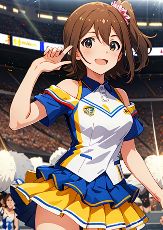 Mirai Kasuga, (highest quality, 8k, masterpiece, Very detailed:1.2), (Lens flare, Particles of light, Shine), Big Breasts, smile, Open your mouth, masterpiece, highest quality, Very detailed, High resolution, Very detailedなCG, (Official Art), Off the shoulder, Cheerleader, (Embarrassing:1.1), (blush:1.2), Open your mouth, (shout:1.1), (Moving lines:1.1),  blue sky, summer, Stadium, Cowboy Shot