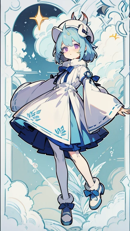Water blue hair，White highlighted hair，Light purple eyes，Cloud Hat，White horns，Sunny Doll Decoration，Sleeves that are longer than the arms，furry shoes。