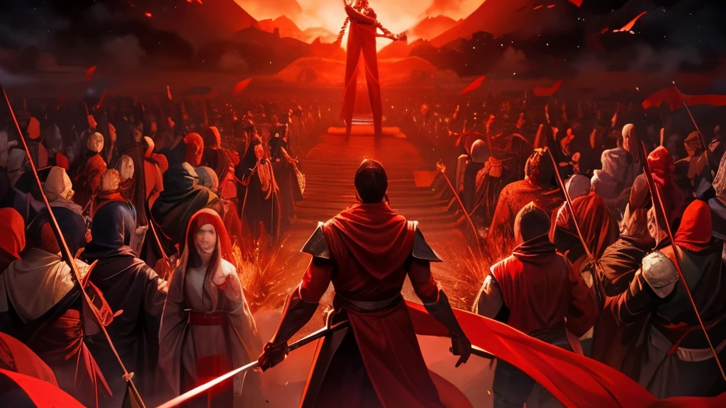 Samuray in red clothes surrounded by 50 disciples vs a ninja who breathes fire from his hand on the edge of a dark cliff