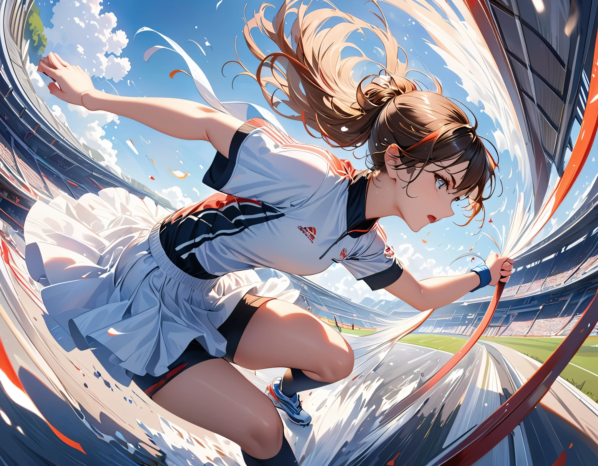 ((highest quality)),(Ultra-high resolution),(Very detailed),(Detailed Description),((The best CG)),(A masterpiece),Ultra-detailed art,Amazing drawing art,(Art with exquisite detail:1.5), (Female athlete in intense motion:1.6),(Training wear:1.3),