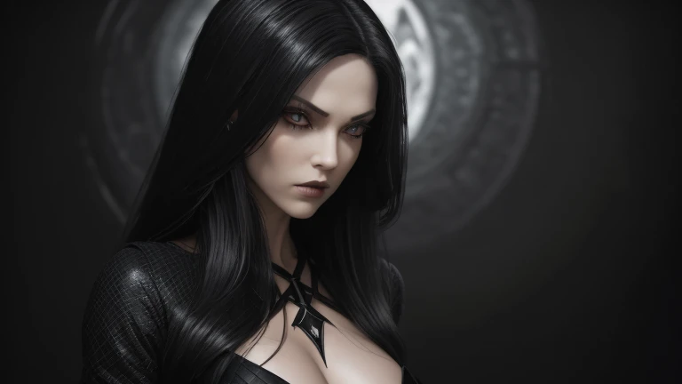 masterpiece, Ultra realistic, 16k, high quality, incredibly detailed, nightmare aesthetic, nightmare atmosphere, cinematic, work of art, (sharp focus: 1.5), (photorealistic: 1.3), featured (Beautiful girl), a captivating image of a vampire (girl) that combines allure and mystique. Tall and gorgeous, goth makeup. A vampire from within the confines of a dark gothic castle. Its appearance is both seductive and sinister, a seductive incarnation of the night. Long pale-obsidian Messy hair, framing her pale, alabaster skin that seems to glow ethereally. Her attire is gothic, a perfect fusion of dark allure and a figure-hugging silhouette that highlights her voluptuous form. Red eyes (evil eyes look), her eyes are like red orbs of intense of sinister light. The vampire's sharp fangs, gleaming against his ivory complexion, hint at his predatory nature and his otherworldly beauty. realistic skin texture, pale-white skin illuminated. realistic perfect shading. absurdres, realistic textures. solo, alone, 1girl. tall. looking at viewer. female muscular body, toned body, defined muscles. realistic natural breasts, cleavage. pantyhose, (a black) darkness queen dress adorned in gold (realistic texture). Different positions at different angles. Night background. unbelievably real, best quality, Photorealistic.