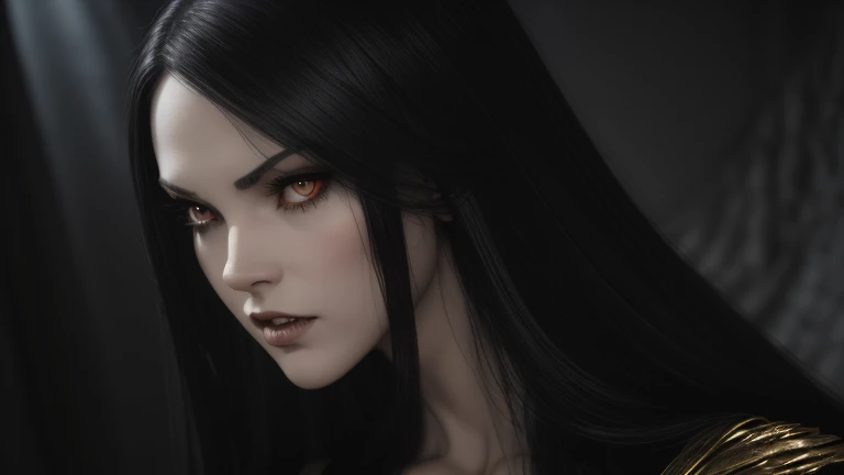 masterpiece, Ultra realistic, 16k, high quality, incredibly detailed, nightmare aesthetic, nightmare atmosphere, cinematic, work of art, (sharp focus: 1.5), (photorealistic: 1.3), featured (Beautiful girl), a captivating image of a vampire (girl) that combines allure and mystique. Tall and gorgeous, goth makeup. A vampire from within the confines of a dark gothic castle. Its appearance is both seductive and sinister, a seductive incarnation of the night. Long pale-obsidian Messy hair, framing her pale, alabaster skin that seems to glow ethereally. Her attire is gothic, a perfect fusion of dark allure and a figure-hugging silhouette that highlights her voluptuous form. Red eyes (evil eyes look), her eyes are like red orbs of intense of sinister light. The vampire's sharp fangs, gleaming against his ivory complexion, hint at his predatory nature and his otherworldly beauty. realistic skin texture, pale-white skin illuminated. realistic perfect shading. absurdres, realistic textures. solo, alone, 1girl. tall. looking at viewer. female muscular body, toned body, defined muscles. realistic natural breasts, cleavage. pantyhose, (a black) darkness queen dress adorned in gold (realistic texture). Different positions at different angles. Night background. unbelievably real, best quality, Photorealistic.