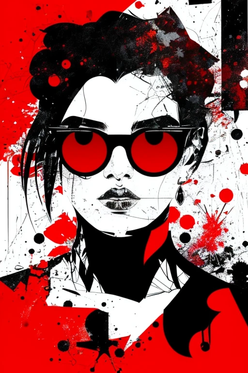 A bold portrait of a beautiful woman, mixed media, fusion, collage, digital artwork, color palette of black, white, shades of gray, red splashes, red color pop, flat,   fragmented, chaos, complex, overlapping textures and elements, gritty, urban,  dynamic, contrast, striking, sense of symmetry, pop art, punk collage, grunge