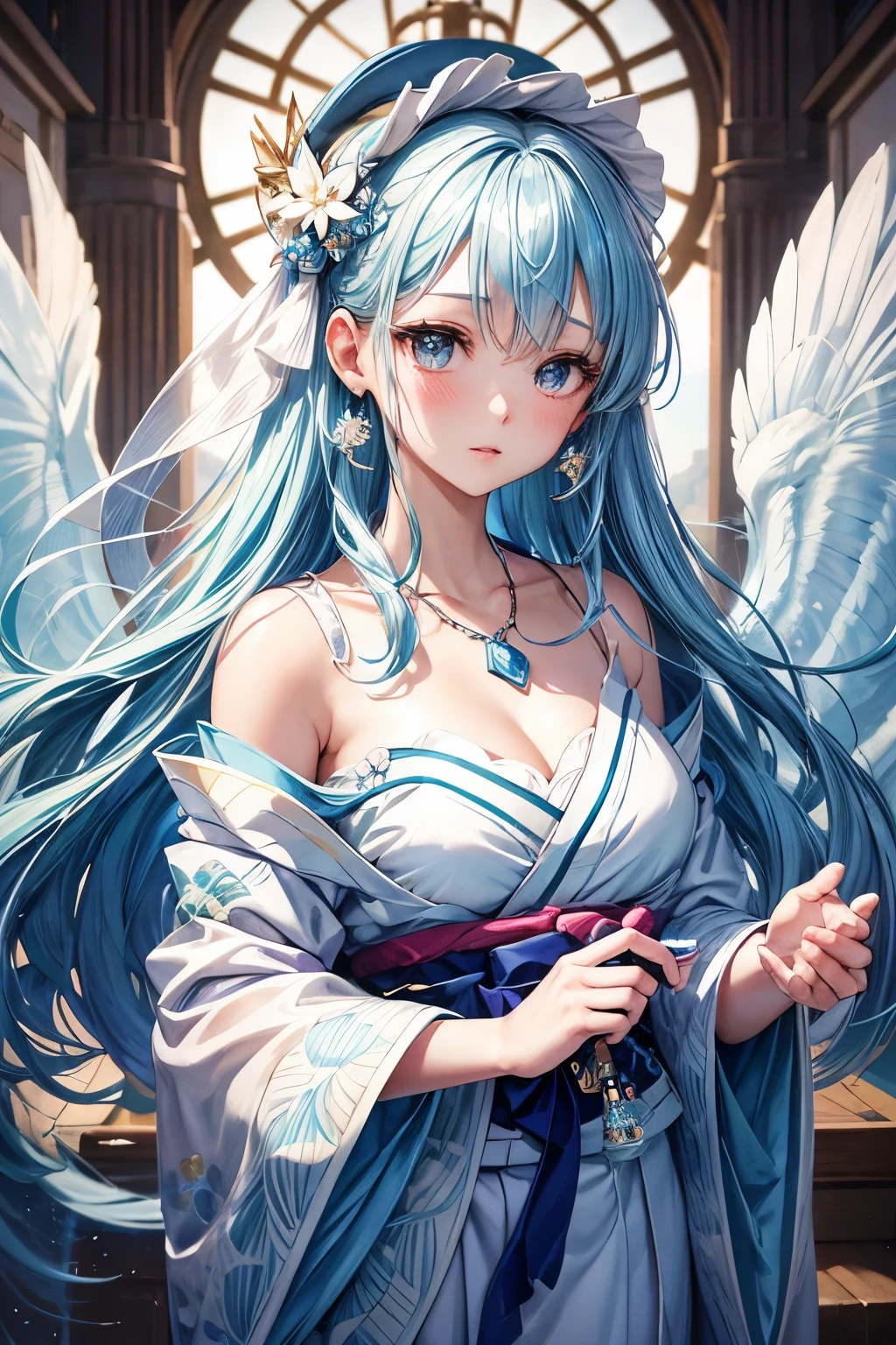 Title: A Cute Blue-Haired Girl in a White Kimono: A Masterpiece of Hyper-Detailed Illustration
Masterpiece of illustration in the best quality, showcasing a charming one-girl scene that captivates the heart.
Cute as a button, the girl in this illustration boasts platinum earrings and a platinum necklace that beautifully complement her fan-blue hair. Her white kimono gently flows around her slender frame, adding an ethereal touch to her appearance.
Dynamic lighting with a cinematic feel (1.2) illuminates her delicate facial features, making her detailed eyes sparkle with sharp, realistic pupils.