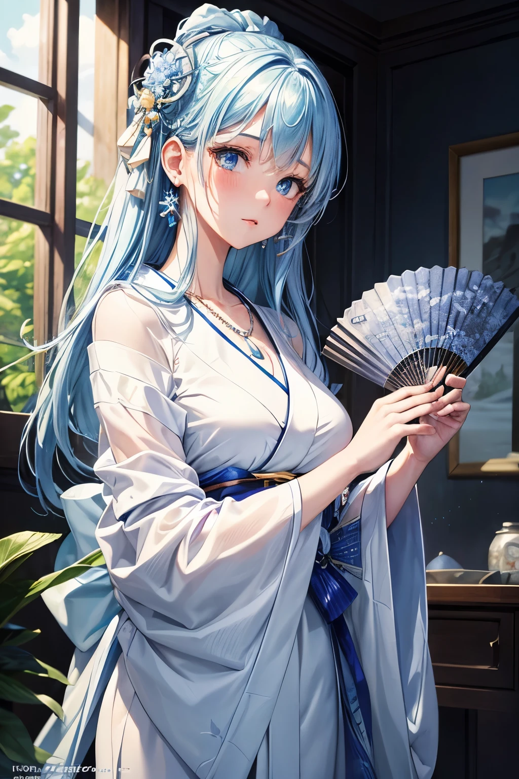 Title: A Cute Blue-Haired Girl in a White Kimono: A Masterpiece of Hyper-Detailed Illustration
Masterpiece of illustration in the best quality, showcasing a charming one-girl scene that captivates the heart.
Cute as a button, the girl in this illustration boasts platinum earrings and a platinum necklace that beautifully complement her fan-blue hair. Her white kimono gently flows around her slender frame, adding an ethereal touch to her appearance.
Dynamic lighting with a cinematic feel (1.2) illuminates her delicate facial features, making her detailed eyes sparkle with sharp, realistic pupils.
