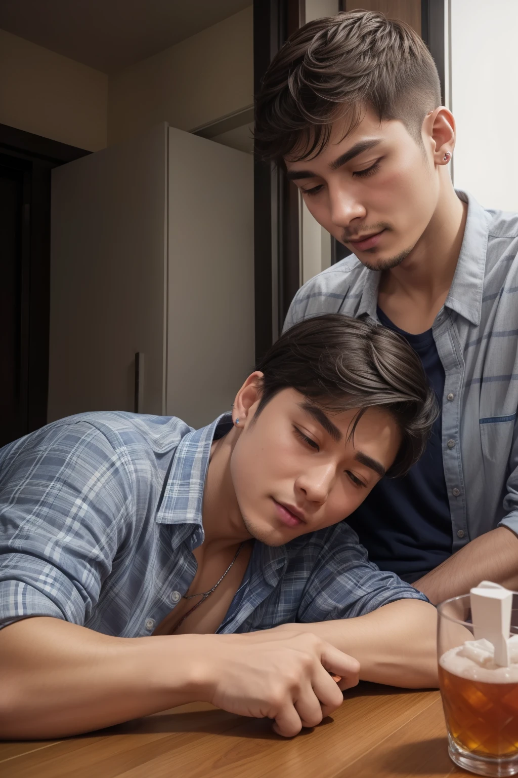 a room、Two people sitting on the floor of a room drinking alcohol、The table、Drunken Man、Sit next to you、Lean on the man next to you、Pampering、Yaoi、Two men、A dark-haired、male-centered、The shirt、Blue plaid shirt、shorth hair、White and light grey plaid shirt、mole under mouth、Staring at others、in a house、耳Nipple Ring、 piercing、Opening Mouth、See our partnerar from the camera、the kiss、red blush