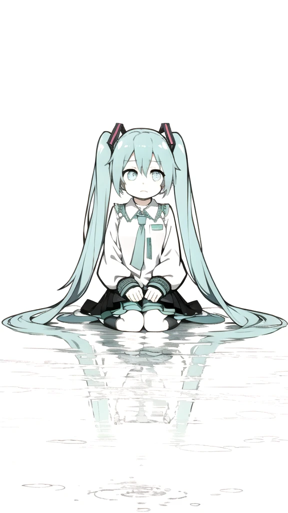 best quality, chibi, 1 girl, miku, Hatsune Miku, (full body), Pure white background,Vivid,clearly,sad face,rain,Walking,snow,Sitting