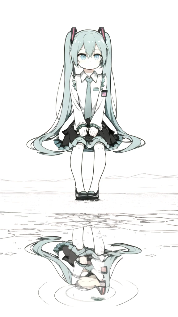best quality, chibi, 1 girl,  miku, Hatsune Miku, (full body), Pure white background,Vivid,clearly,sad face,rain,Walking,snow,Sitting