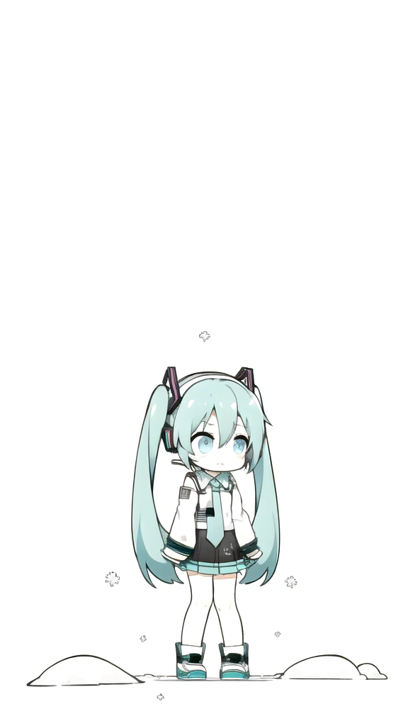 best quality, chibi, 1 girl,  miku, Hatsune Miku, (full body), Pure white background,Vivid,clearly,sad face,rain,Walking,snow,Sitting