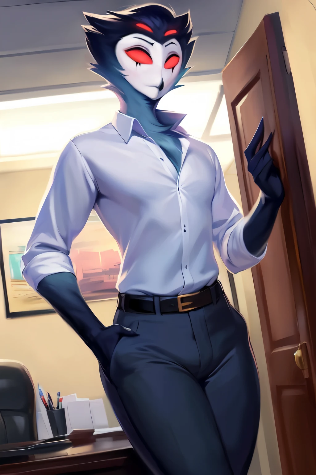 by zackary911,by chunie,(by meesh:1.2),by kiyosan,by sigma, masterpiece, 8k quality, (no watermark), stolas, (male: 1.5), in office, good lighting, solo, wearing pants, wearing shirt, sexy, (hyper huge hips), thick thighs, curvy, confused, puzzled expression))
