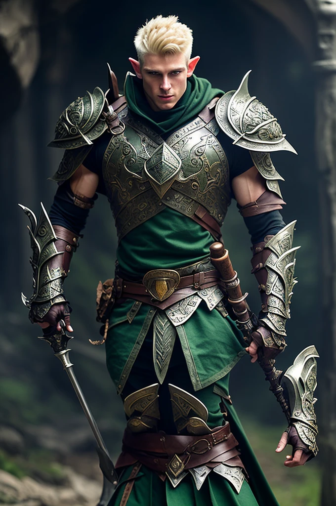 Half elf, half human: 1.1, leaning towards the human side with (short blonde Mohawk: 1.1) hair is loose and free, reading a worn-out book in the of aftermath battlefield, (studious: 1.1) and utterly focused, dressed in green and silver ornate armor: 1.2, his (muscular physique: accentuating the intricate details, medium build: 1.1, wielding a one-handed mace, 