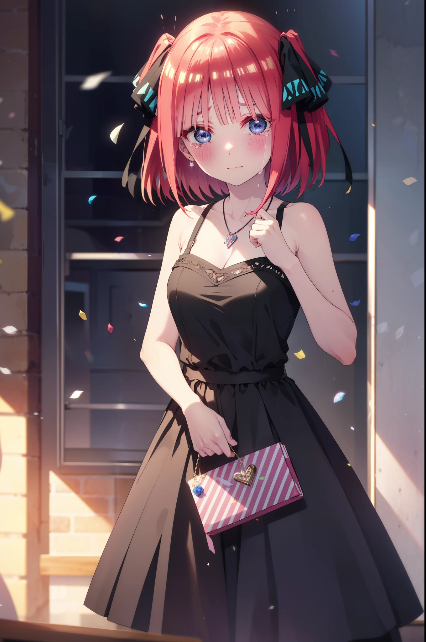 I was silent, Nino Nakano, short hair, bangs, blue eyes, hair ornaments, Hair Ribbon, Pink Hair, blunt bangs, Both sides up, butterfly hair ornaments,smile,blush,Black sleeveless dress,Long skirt,Black Pin Heels,Bare arms,Bare arms,Bare neck,bare clavicle,Holding a bouquet in both hands,Locket Necklace,Confetti,There is a birthday cake on the table,Tears stream down her face,Sad and crying,I cry a lot,It&#39;s as if your whole body is in the illustration.,
break indoors, on stage,venue,
break looking at viewer, (Cowboy Shot:1.5),
break (masterpiece:1.2), highest quality, High resolution, unity 8k wallpaper, (shape:0.8), (Beautiful details:1.6), Highly detailed face, Perfect lighting, Highly detailed CG, (Perfect hands, Perfect Anatomy),