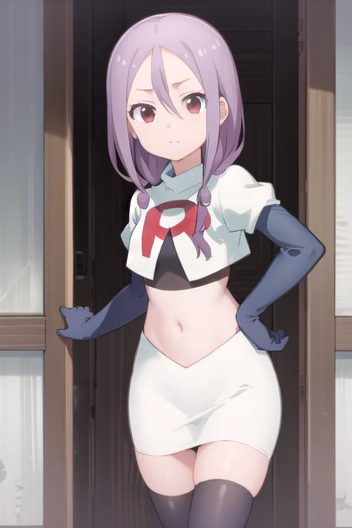 solo, 1girl, looking at viewer, 2D, anime, anime coloring, team rocket,team rocket uniform,white skirt,red letter R,crop top,black thigh-highs,black elbow gloves, urushi yaotome, , looking at viewer