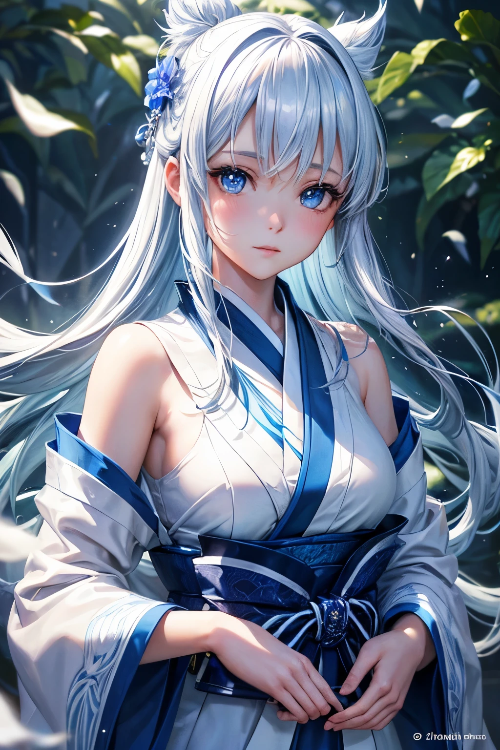 Title: "Fan Blue's Enchanting Moment in a White Kimono"

Masterpiece of an illustration, best quality, showcasing one enchanting girl adorned in a traditional white kimono. (Dynamic lighting: 1.2), Cinematic lighting gracefully embraces her, casting delicate shadows and accentuating every detail.

Her delicate facial features are a sight to behold, with detailed eyes that boast sharp, realistic pupils that shimmer and sparkle under the captivating light. The intricacy of her features is accentuated through a depth of field effect, leaving the background in a pleasing bokeh.

Hyper-det