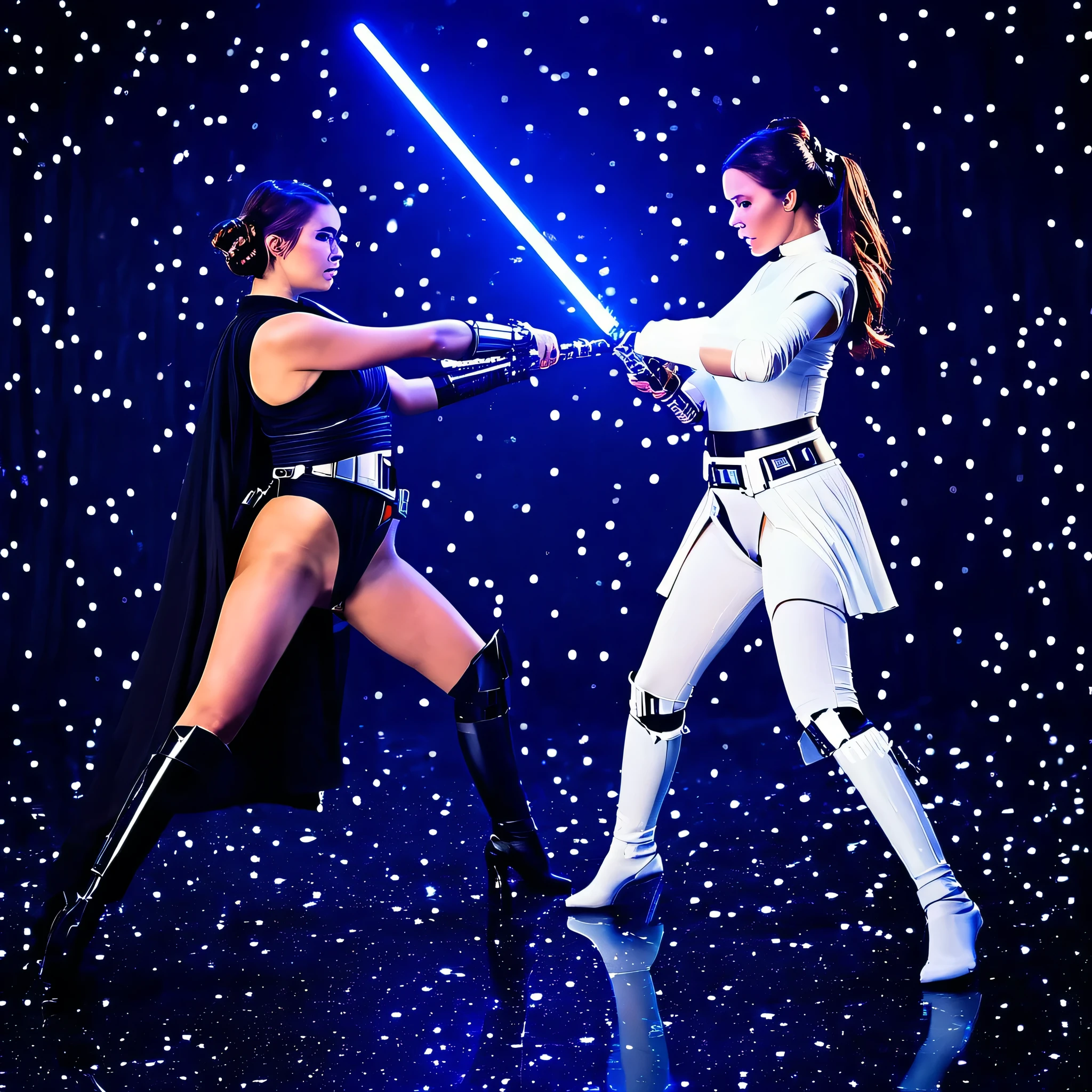 In a galaxy far, far away, amidst the backdrop of a galactic showdown, two stunning women adorned in perfect Star Wars cosplay costumes engage in an intense, forceful clash. With their perfect bodies and elegant movements, they engage in a duel of elegance, their light saber swords illuminating the space around them