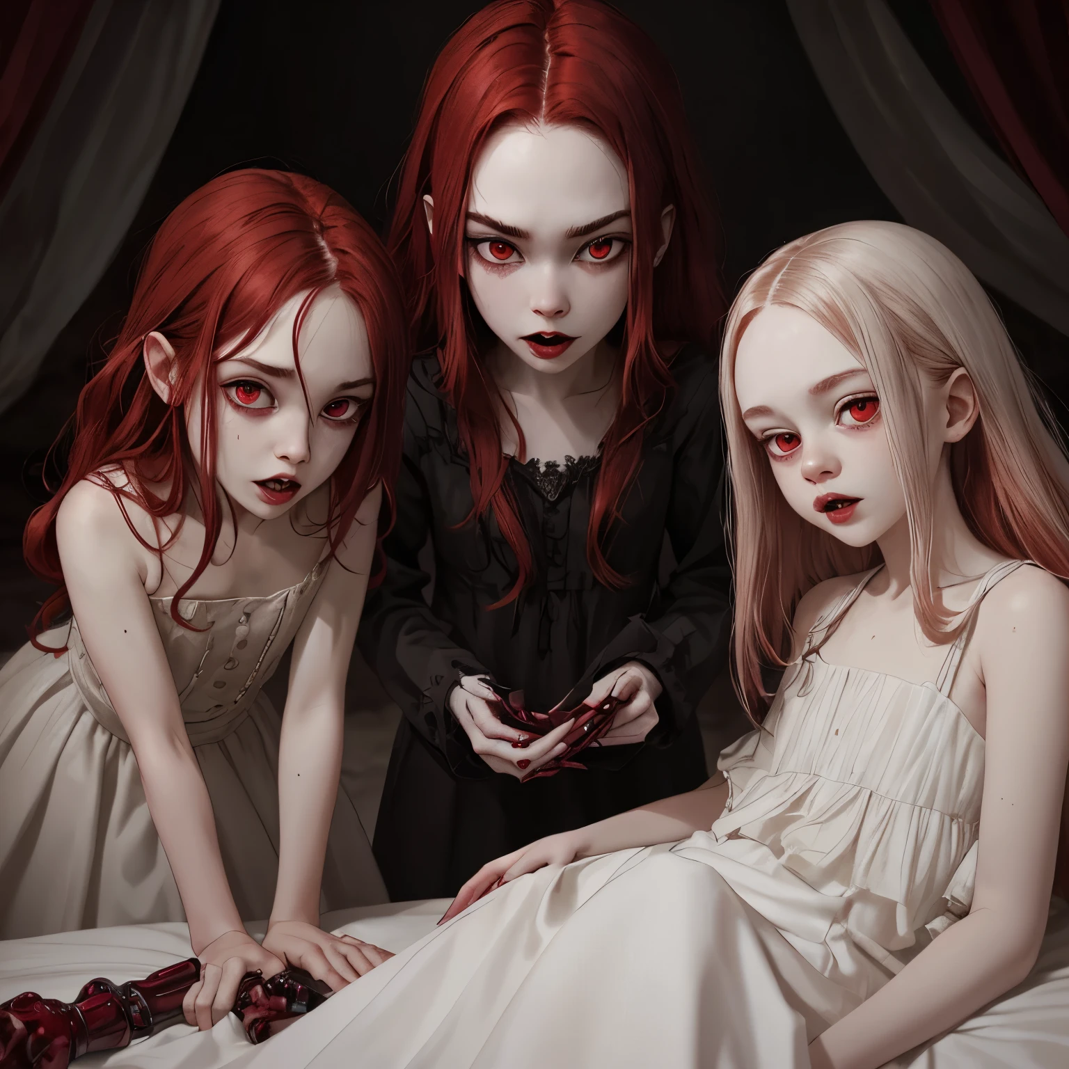 The hag entity sleep paralysis appearence 10 years old thin girl,red haired,creepy red eyes,fangs mouth,pale skin,red wine claws,creepy white dress,bed,children,vampire,gloomy