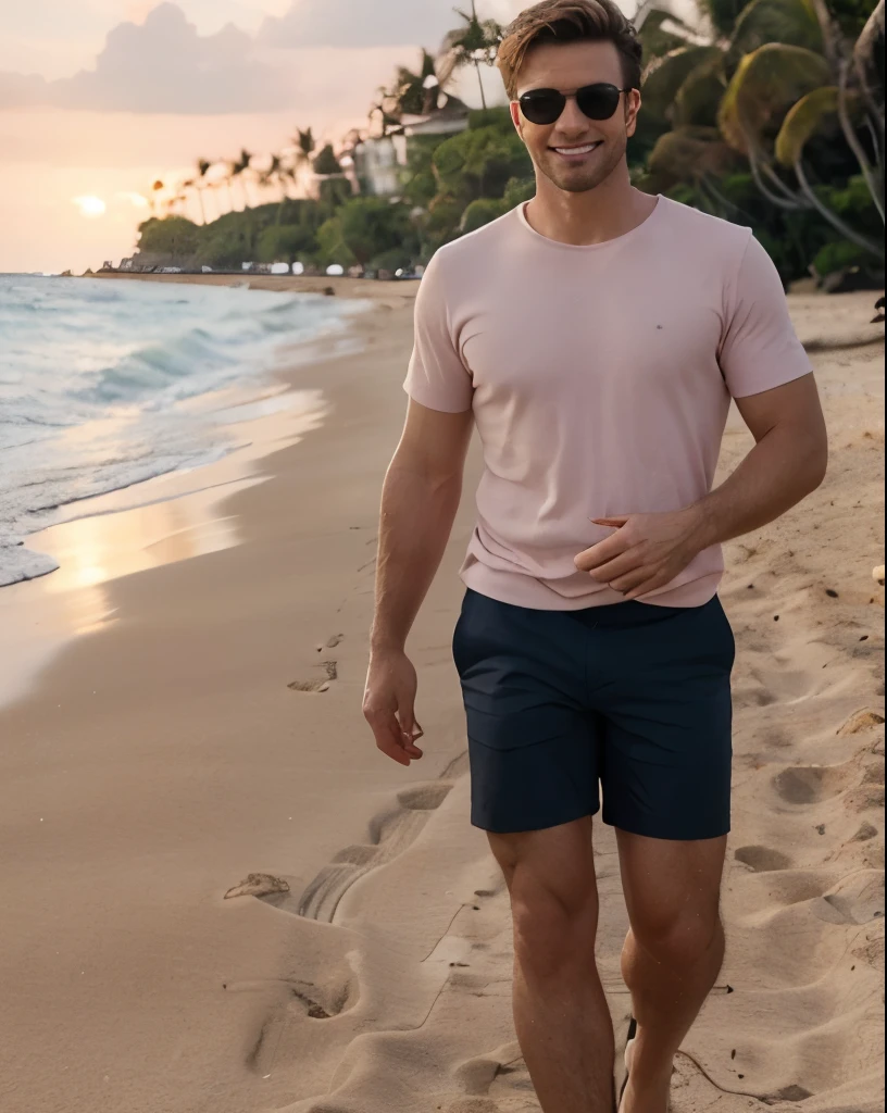 4k uhd, full body photo of a handsome 35 year old desirable caucasian man with distinguished features, ((walking on a pink sand beach)), at sunrise, waves are behind him, athletic build, tall height, light brown medium length hair, clean cut haircut, shaved face, (wearing sunglasses), seductive smile with a gentle expression, perfectly symmetrical face, crisp details, ultra-fine rendering, outdoor lighting accentuates his excellent features