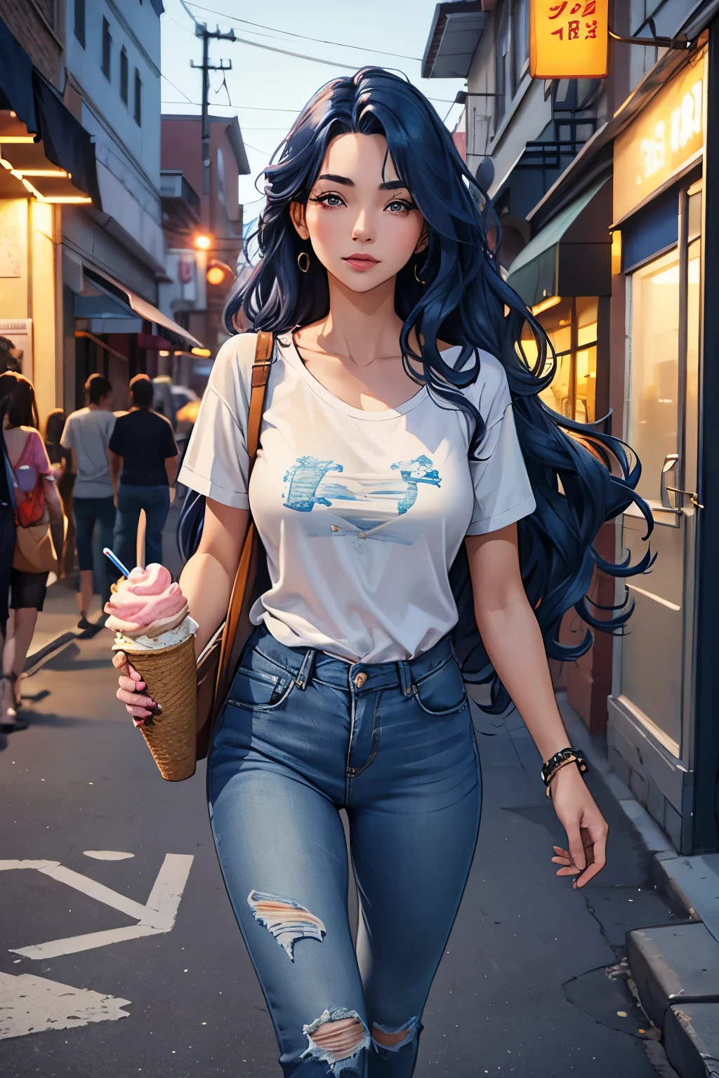 Beautiful girl, long blue wavy hair, wearing a casual shirt and jeans, strolling in the street, evening time, summers, ice cream truck
