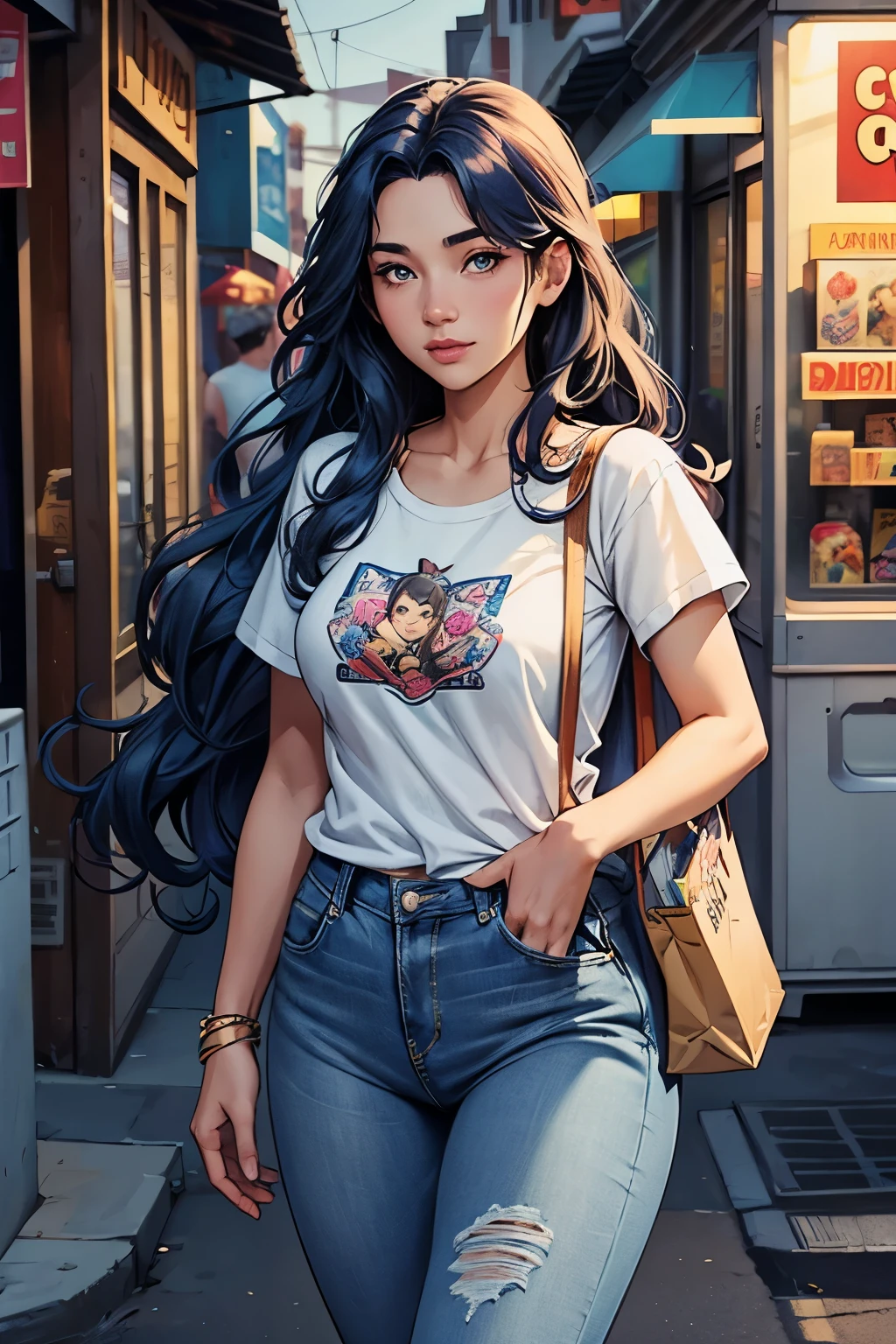 Beautiful girl, long blue wavy hair, wearing a casual shirt and jeans, strolling in the street, evening time, summers, ice cream truck, comic book style