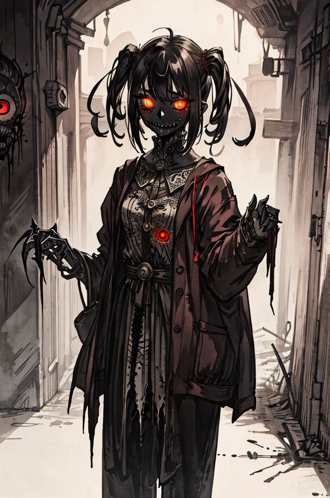 1girl, (Glowing scarlet eyes:1.2), (Intricate details:1.1), (dark circles:1.1), dramatic, fear, the shadows rise, representation of a nightmare, shadow monsters, creepy monster, horror, full shot
