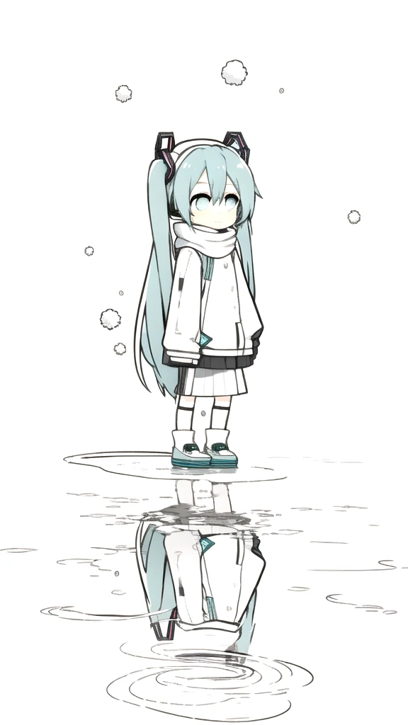 best quality, chibi, 1 girl, miku, Hatsune Miku, (full body), Pure white background,Vivid,clearly,sad face,rain,Walking,snow,look back