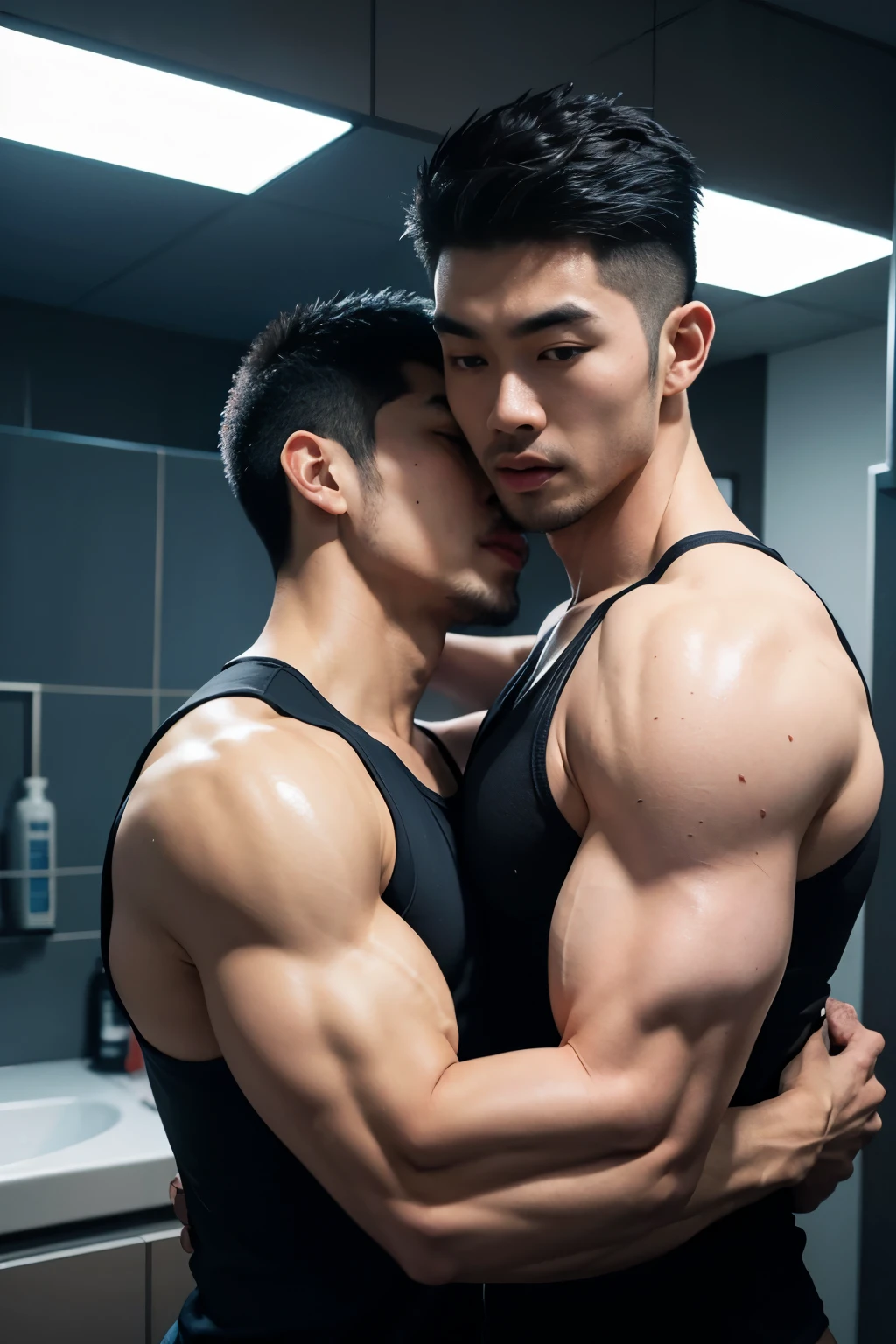 Two Asian men's gyms wearing full tank tops , musculous, Height 190 cm, large shoulders, musculous, (Draw eye details), (hentail realism),tongue kissing,bathroom,hugs,(The face is finely drawn),Lift your clothes, full body shot,