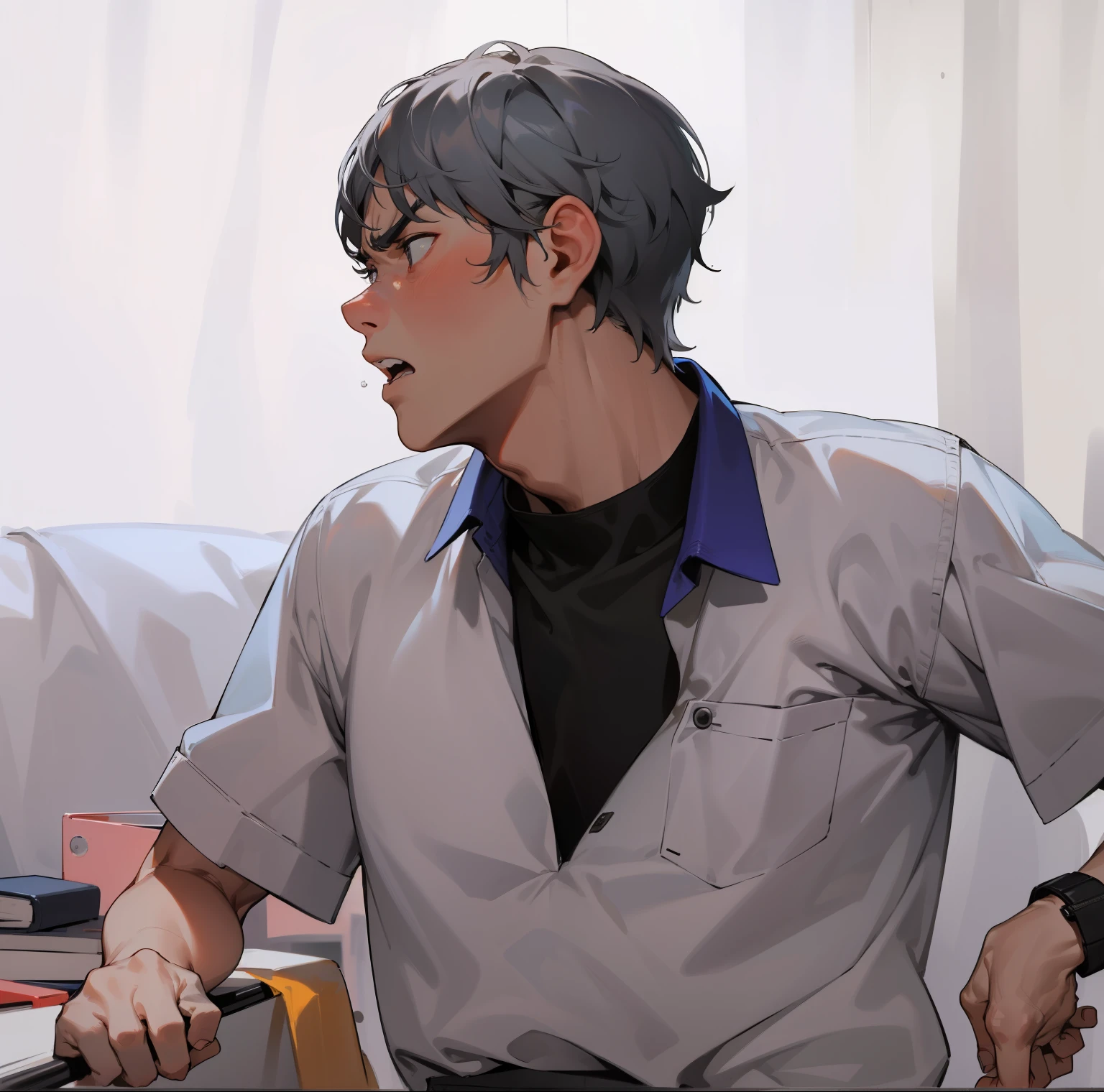 cute man 18 years old gray hair talking angry upset