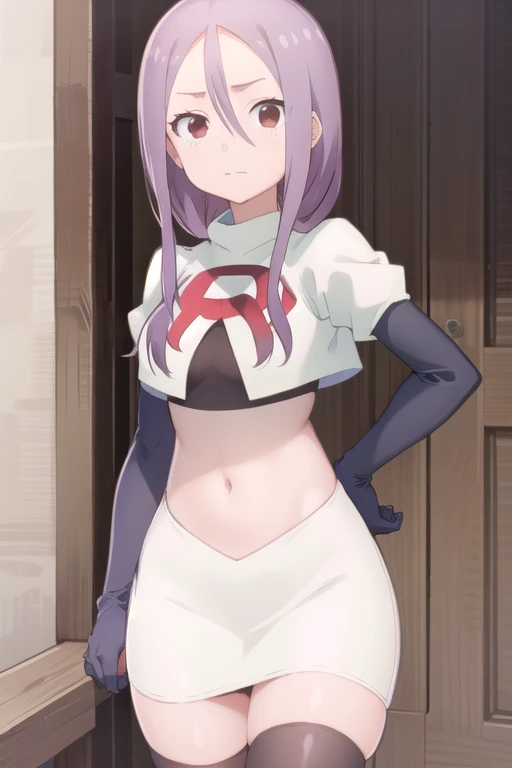 solo, 1girl, looking at viewer, 2D, anime, anime coloring, team rocket,team rocket uniform,white skirt,red letter R,crop top,black thigh-highs,black elbow gloves, urushi yaotome, , looking at viewer