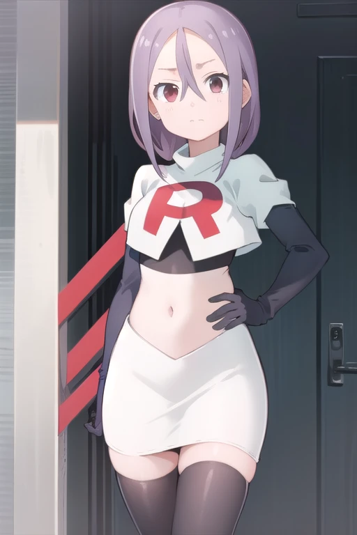 solo, 1girl, looking at viewer, 2D, anime, anime coloring, team rocket,team rocket uniform,white skirt,red letter R,crop top,black thigh-highs,black elbow gloves, urushi yaotome, , looking at viewer