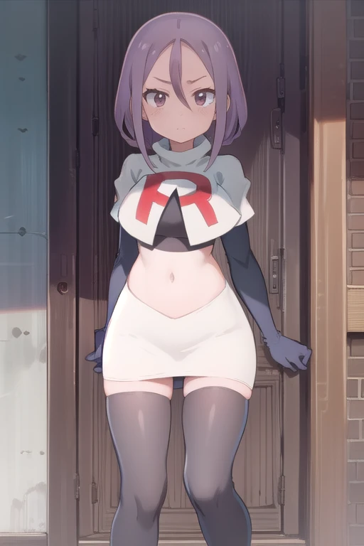 solo, 1girl, looking at viewer, 2D, anime, anime coloring, team rocket,team rocket uniform,white skirt,red letter R,crop top,black thigh-highs,black elbow gloves, urushi yaotome, , looking at viewer