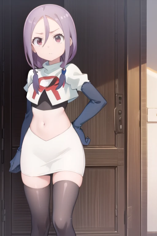 solo, 1girl, looking at viewer, 2D, anime, anime coloring, team rocket,team rocket uniform,white skirt,red letter R,crop top,black thigh-highs,black elbow gloves, urushi yaotome, , looking at viewer