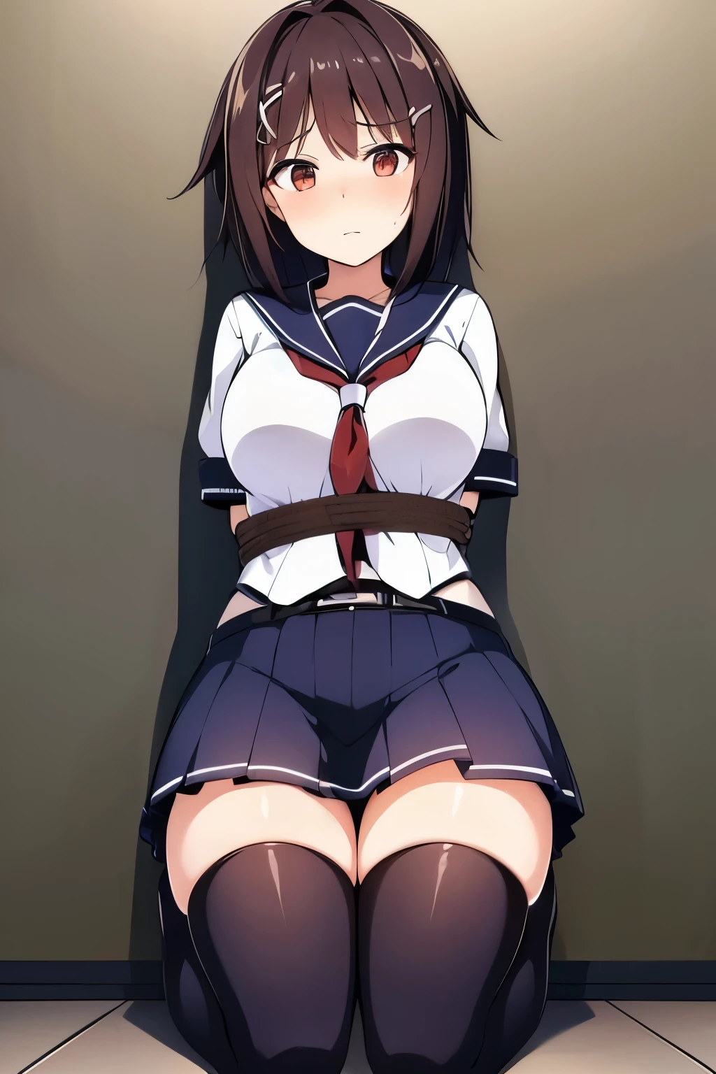 ((Shibari)), Wrapped in a rope, ((((Bondage)))), ((Rope Bondage)), Exquisite details and textures, ((Rope is wrapped around the body many times)))), (brown rope), red neckerchief, short sleeves, serafuku,