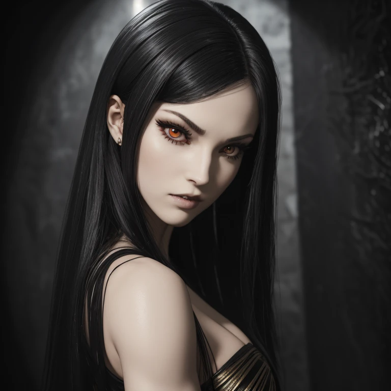 masterpiece, Ultra realistic, 16k, high quality, incredibly detailed, nightmare aesthetic, nightmare atmosphere, cinematic, work of art, (sharp focus: 1.5), (photorealistic: 1.3), featured (Beautiful girl), a captivating image of a vampire (girl) that combines allure and mystique. Tall and gorgeous, goth makeup. A vampire from within the confines of a dark gothic castle. Its appearance is both seductive and sinister, a seductive incarnation of the night. Long pale-obsidian Messy hair, framing her pale, alabaster skin that seems to glow ethereally. Her attire is gothic, a perfect fusion of dark allure and a figure-hugging silhouette that highlights her voluptuous form. Red eyes (evil eyes look), her eyes are like red orbs of intense of sinister light. The vampire's sharp fangs, gleaming against his ivory complexion, hint at his predatory nature and his otherworldly beauty. realistic skin texture, pale-white skin illuminated. realistic perfect shading. absurdres, realistic textures. solo, alone, 1girl. tall. looking at viewer. female muscular body, toned body, defined muscles. realistic natural breasts, cleavage. pantyhose, (a black) darkness queen dress adorned in gold (realistic texture). In Different positions at different angles. Night background. unbelievably real, best quality, Photorealistic.