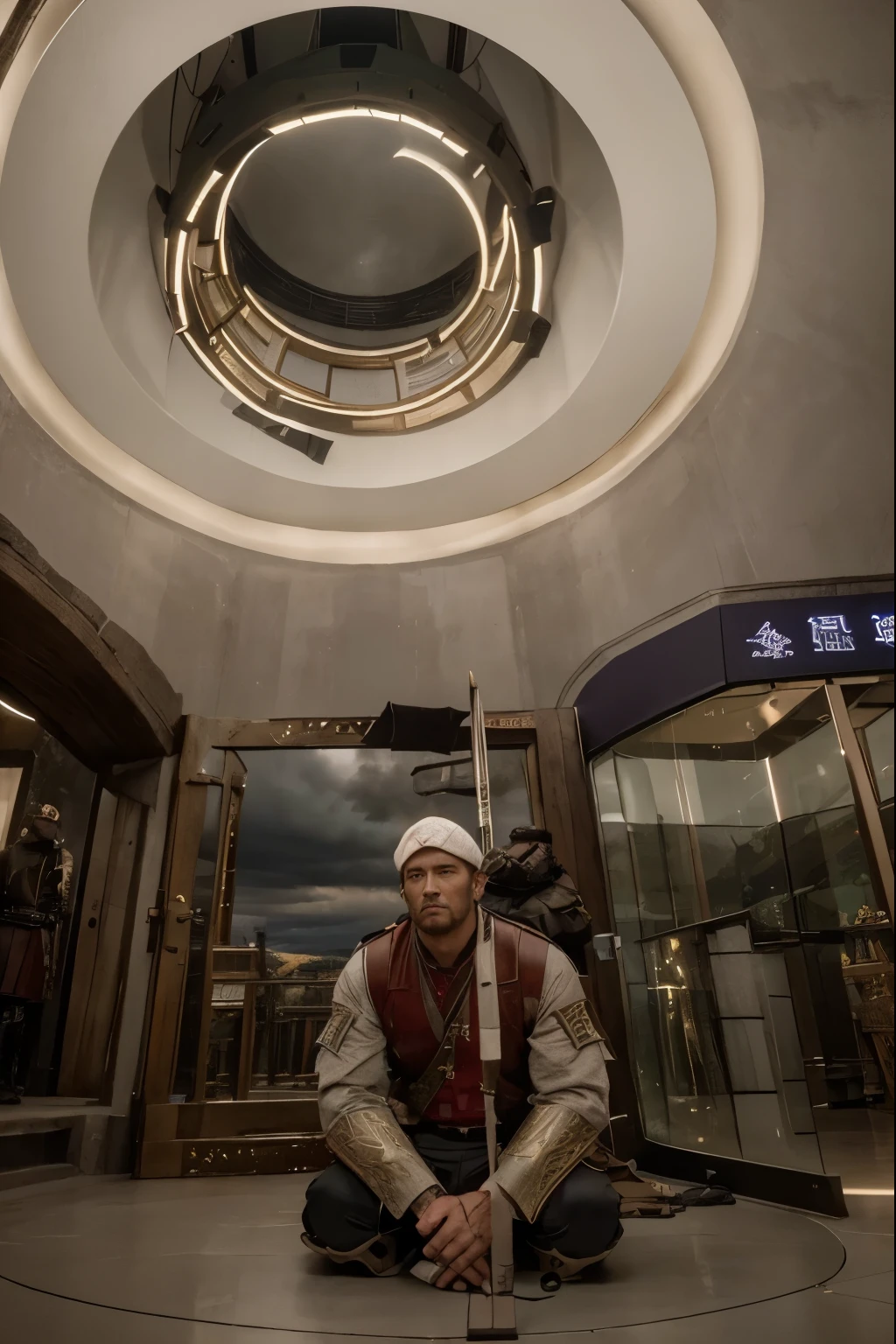 (Best quality, 8k, 32k, Masterpiece, UHD:1.2) "Transform the setting of the image into the 'Jeju Island Gate' from Solo Leveling. Show a towering gate surrounded by rugged terrain and ominous clouds overhead. Portray hunters gearing up for battle, their expressions determined as they prepare to confront the dangerous monsters lurking beyond the gate. Capture the tension and anticipation of the impending encounter, with hints of magic and mystery in the air."