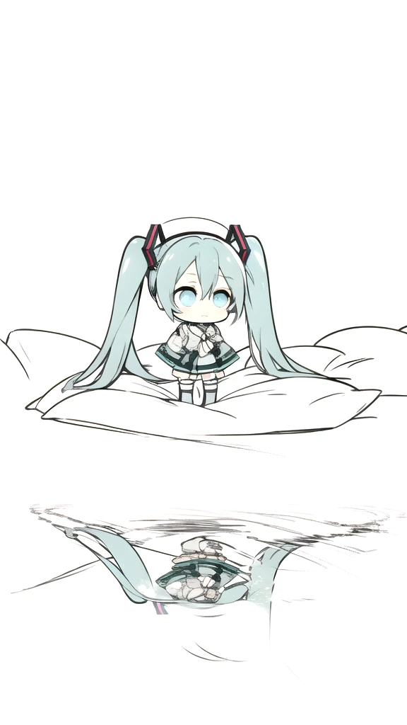 best quality, chibi, 1 girl,  miku, Hatsune Miku, (full body), Pure white background,Vivid,clearly,sad face,rain,Walking,snow,Lying in bed