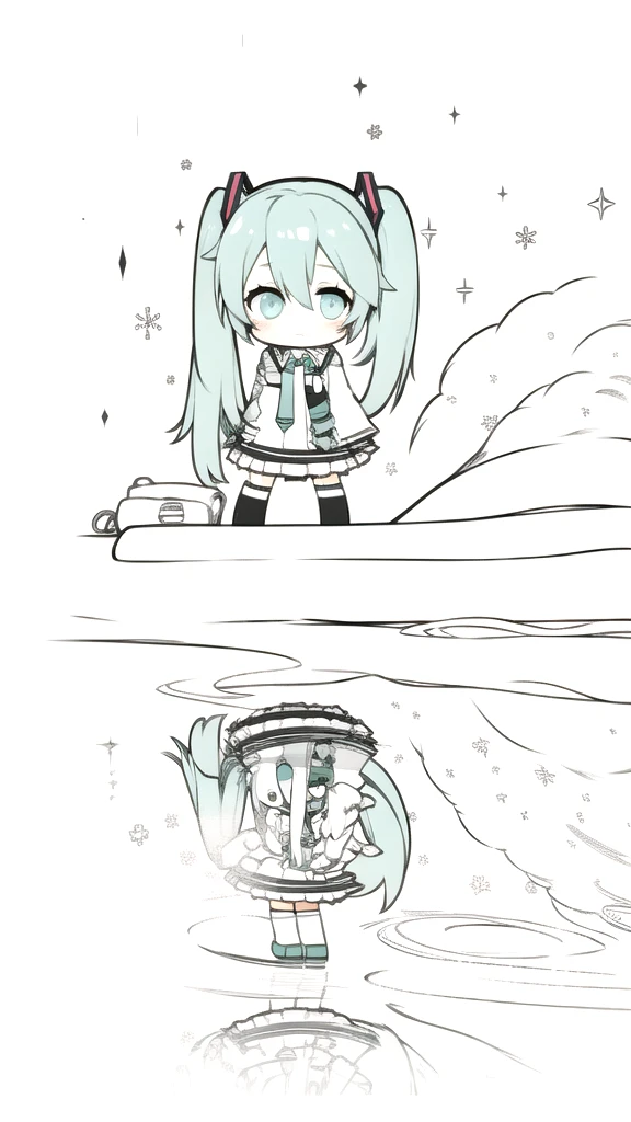 best quality, chibi, 1 girl,  miku, Hatsune Miku, (full body), Pure white background,Vivid,clearly,sad face,rain,Walking,snow,Lying in bed