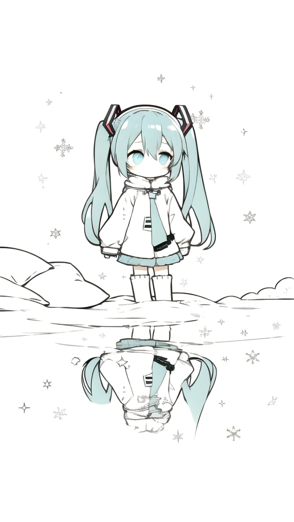 best quality, chibi, 1 girl, miku, Hatsune Miku, (full body), Pure white background,Vivid,clearly,sad face,rain,Walking,snow,Lying in bed