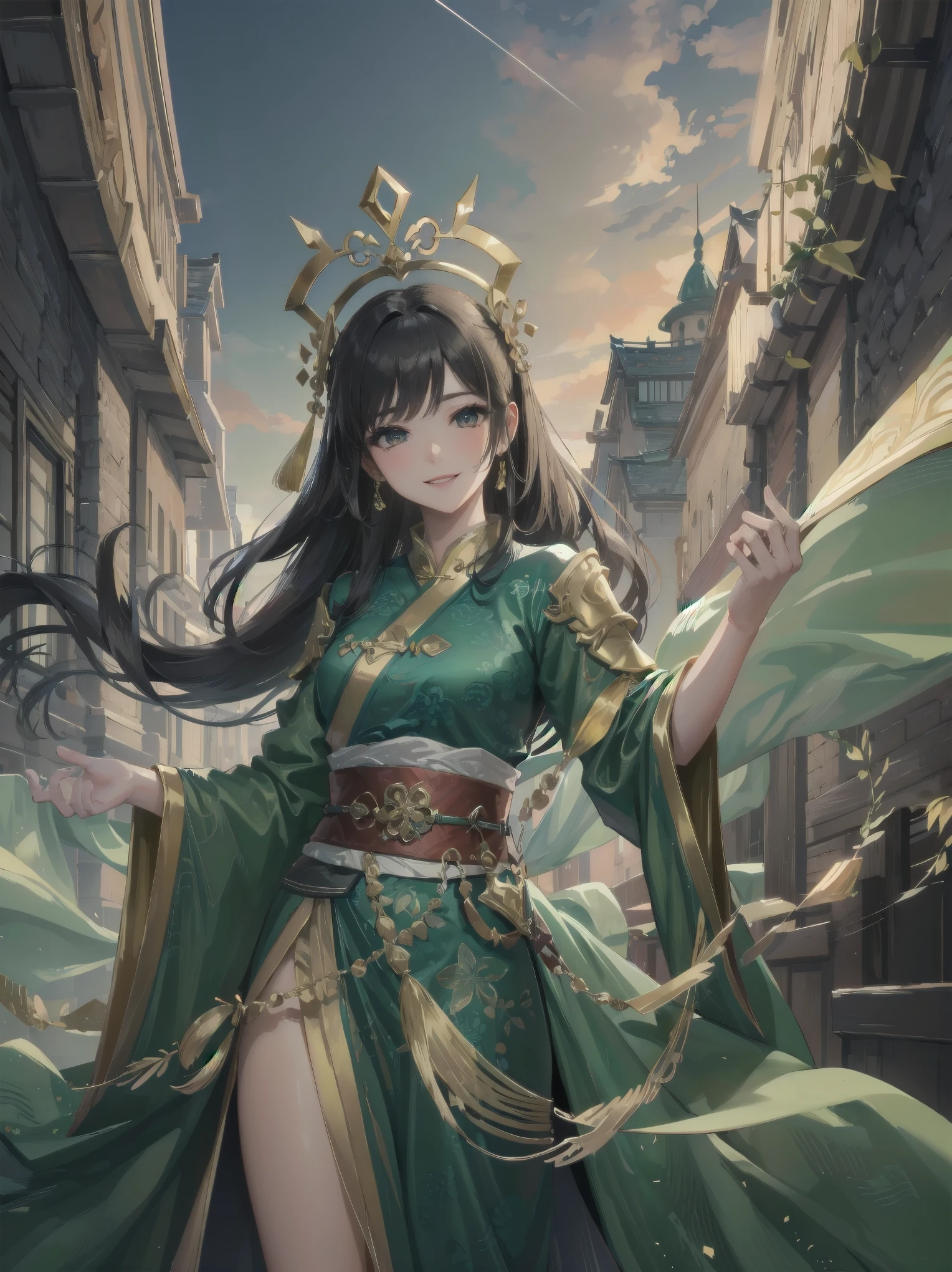 Masterpiece, top quality, highest quality, one girl, solo, arafi girl in green dress, decorated Korean pole arm behind, Unreal Engine rendering + goddess, Korean MMO, inspired by Lam Qua, bewitching expression 16k, female character, smiling girl character, warrior outfit, inspired by Li Mei-shu, 16k detail fantasy, 16k character detail
