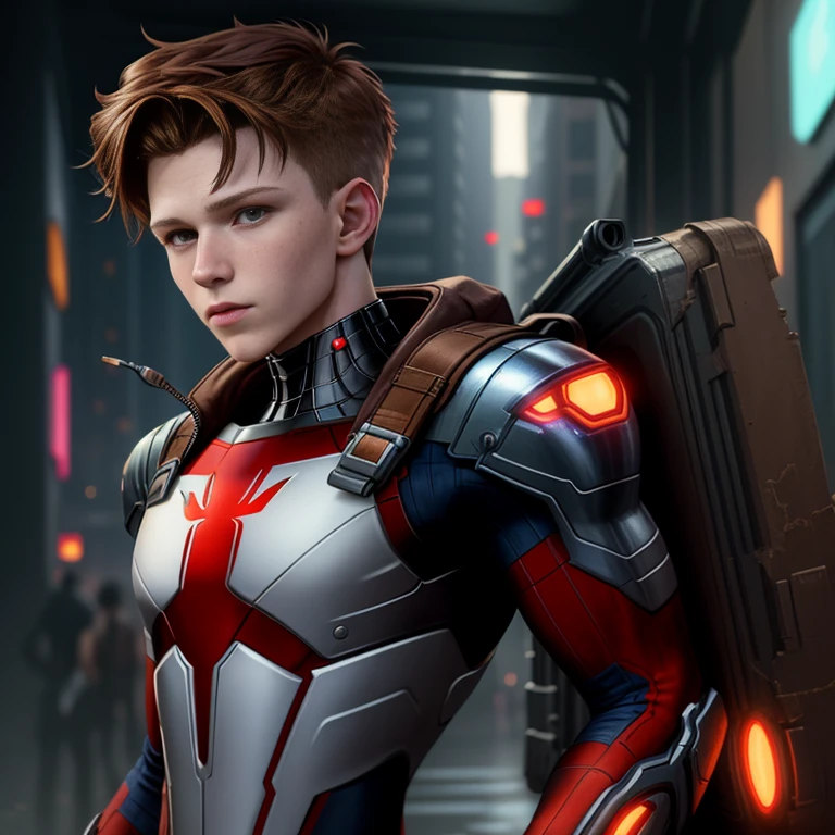 Sexy Tom Holland cyberpunk, with brown hair