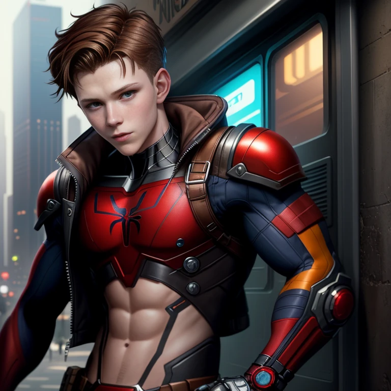 ((Photorealistic photography)) hyperdetailed beautiful full-body erotic photo of SHIRTLESS ((scrawny)) ((Sexy twink Tom Holland)) (cyberpunk loincloth), with brown hair, detailed skin, detailed face, dslr, lust and longing, bare legs, ((bare feet)), cyberpunk background