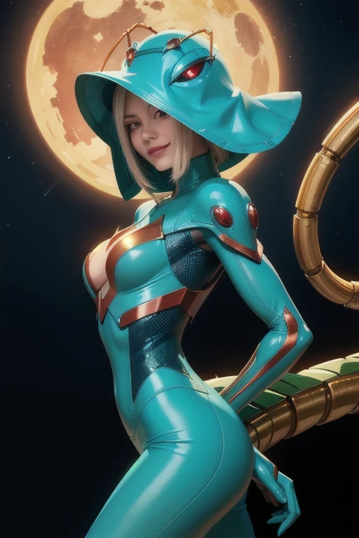 Metroid suit, woman in hot insect shell, Guyver style, bewitching, evil smile, scaraber reploid, bellows tail, cel shade adult animation,