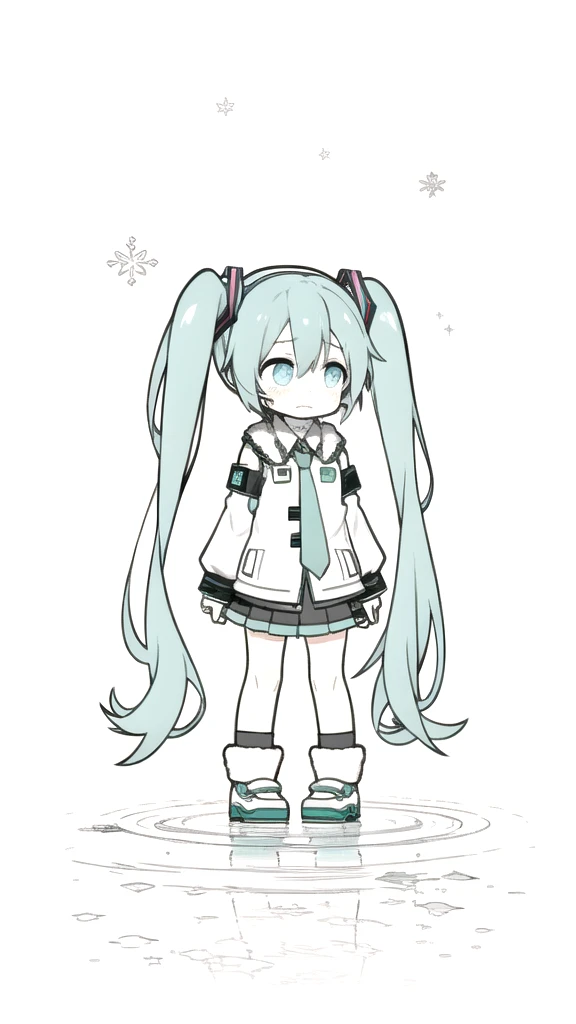 best quality, chibi, 1 girl,  miku, Hatsune Miku, (full body), Pure white background,Vivid,clearly,sad face,rain,Walking,snow,Are crying,shout
