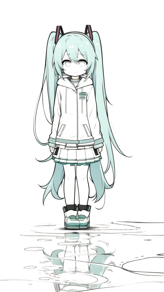 best quality, chibi, 1 girl, miku, Hatsune Miku, (full body), Pure white background,Vivid,clearly,sad face,rain,Walking,snow,Are crying,shout