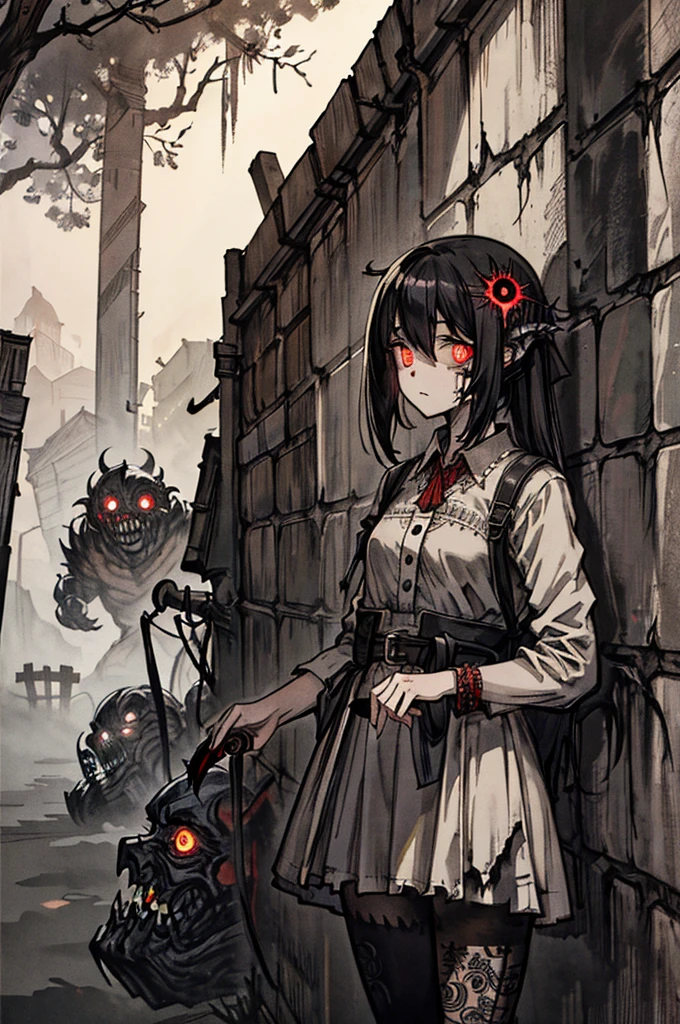 1girl, (Glowing scarlet eyes:1.2), (Intricate details:1.1), (dark circles:1.1), dramatic, fear, the shadows rise, representation of a nightmare, shadow monsters, creepy monster, penumbra, horror, full shot
